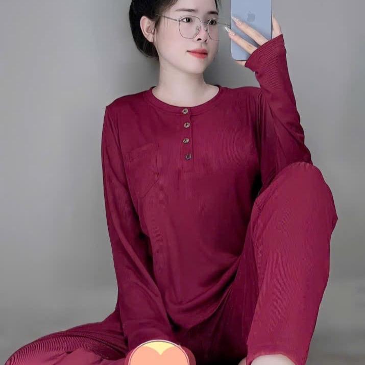  HT Set Bộ Ủ Kem Tăm Lạnh Mịn Mát Phối Nút 40-65KG Set 2 Món Cổ Tròn Tay Dài Quần Ôm Thun Tăm Lạnh Co Dãn Thoải Mái Thấm Hút Mồ Hôi Tốt Đồ Bộ Nữ HT 