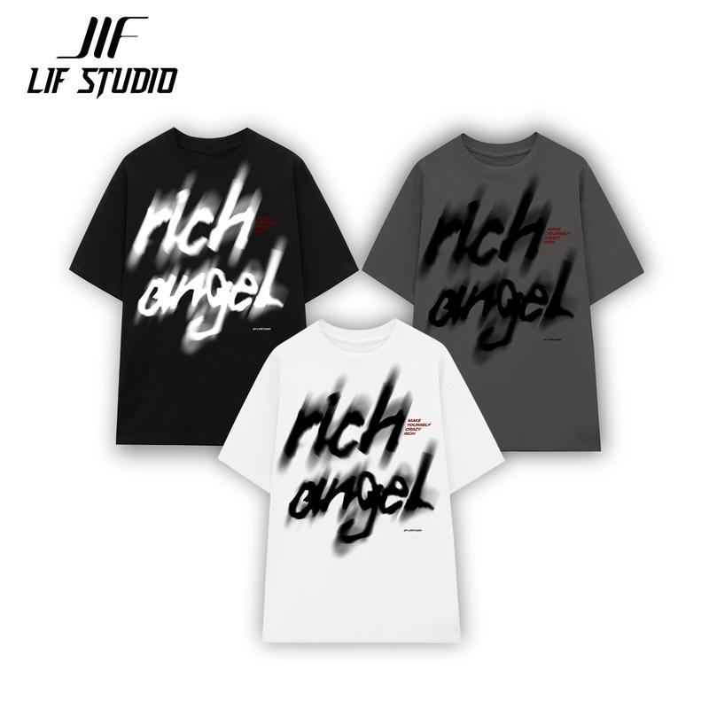 Áo thun Unisex LIFSTUDIO Rich Angel Oversized Cotton 250 gsm Cổ tròn in chữ Nam Nữ Menswear - Màu đen - Trắng