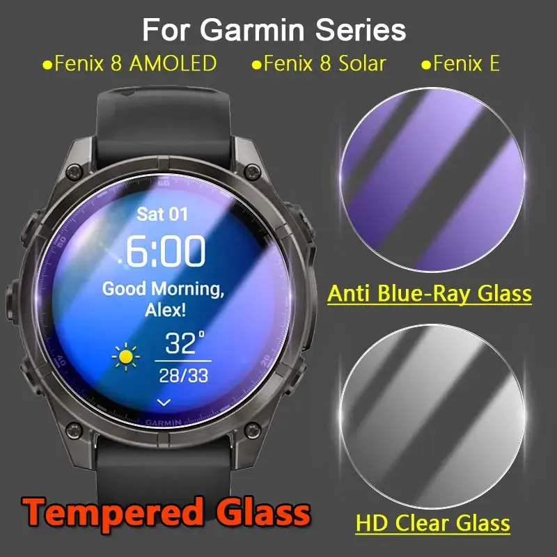 2Pcs Compatible with Garmin Fenix 8 E AMOLED Solar 43mm 47mm 51mm SmartWatch 2.5D Ultra Slim Clear / Anti Purple Light 9H Tough Tempered Glass Screen Protector Guard Film