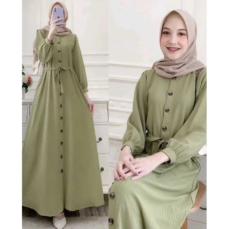 Gamis dres full kancing/ polos terbaru 2025/gamis Dewasa  Mewah Maxi Lebar Airflow Pesta Lebaran Crinkle Kondangan Biru Coklat Muslim Wanita Gamis Remaja Syari Panjang gam is Midi 0