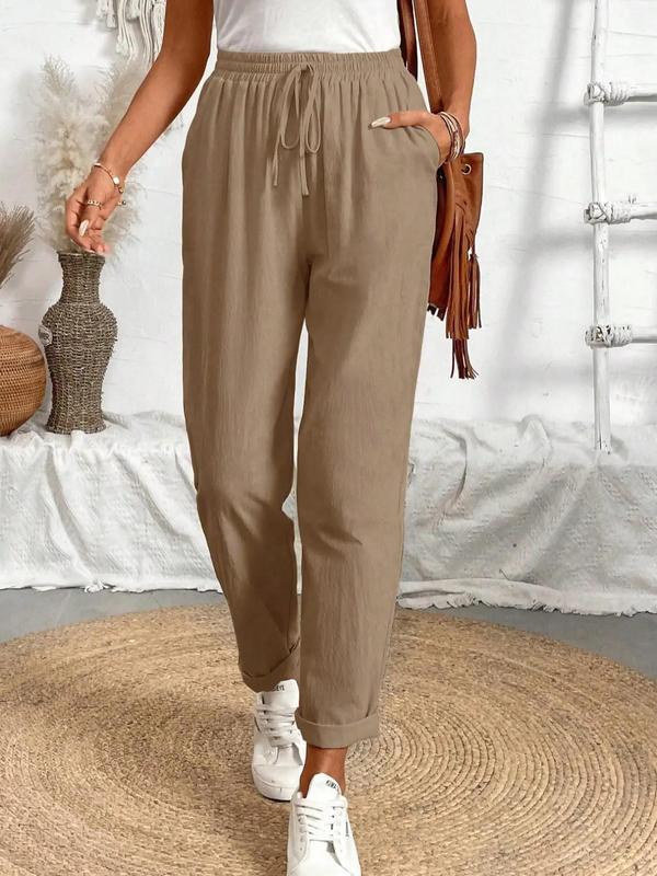 Women's Plain Pocket Drawstring Waist Straight Leg Pants, Casual Comfy Trousers for Everyday Wear, Fashion Ladies Bottoms for All Seasons, Womenswear 2