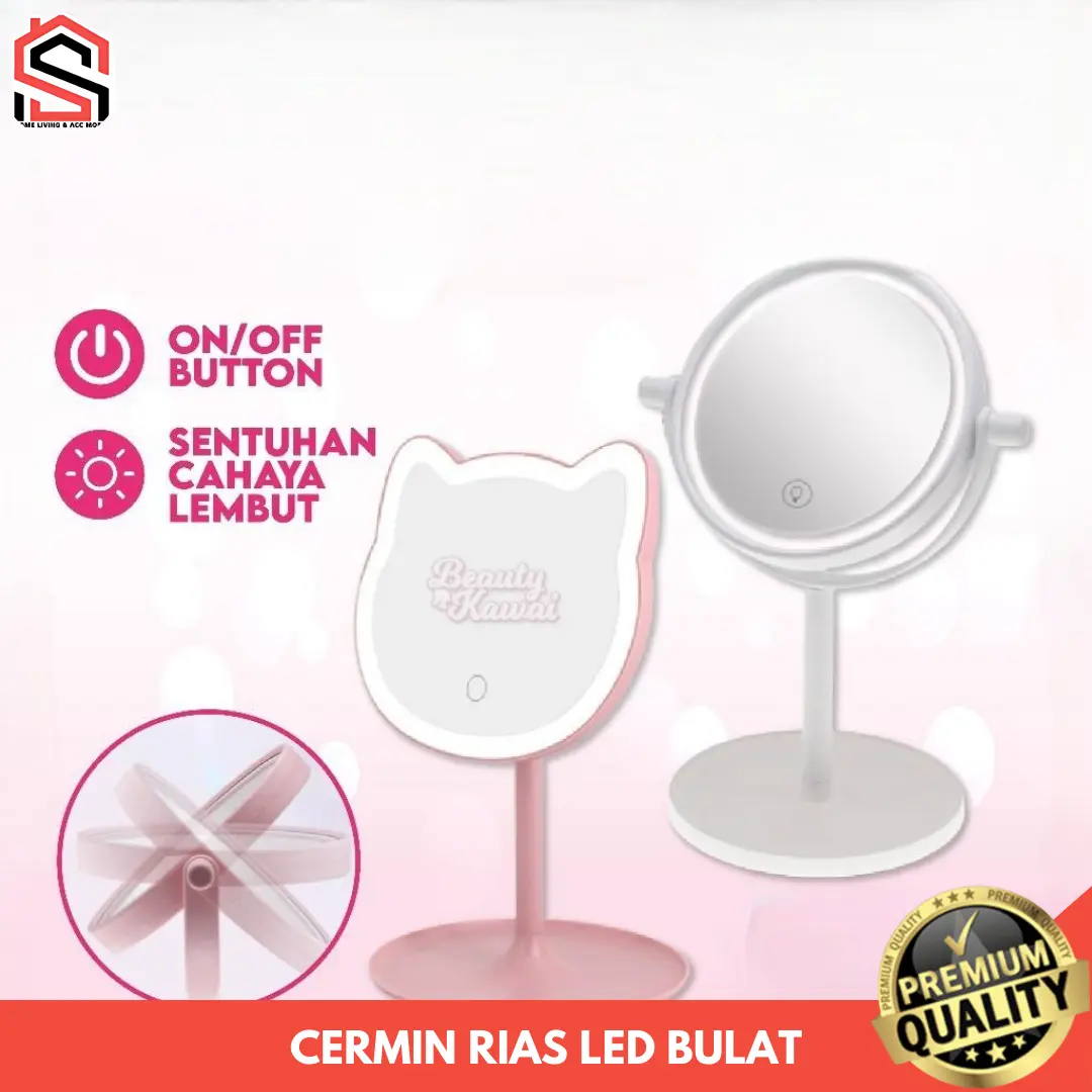 Cermin Rias LED Makeup Bulat Kucing 15 cm Tombol Touch Screen Tools Kaca Lampu