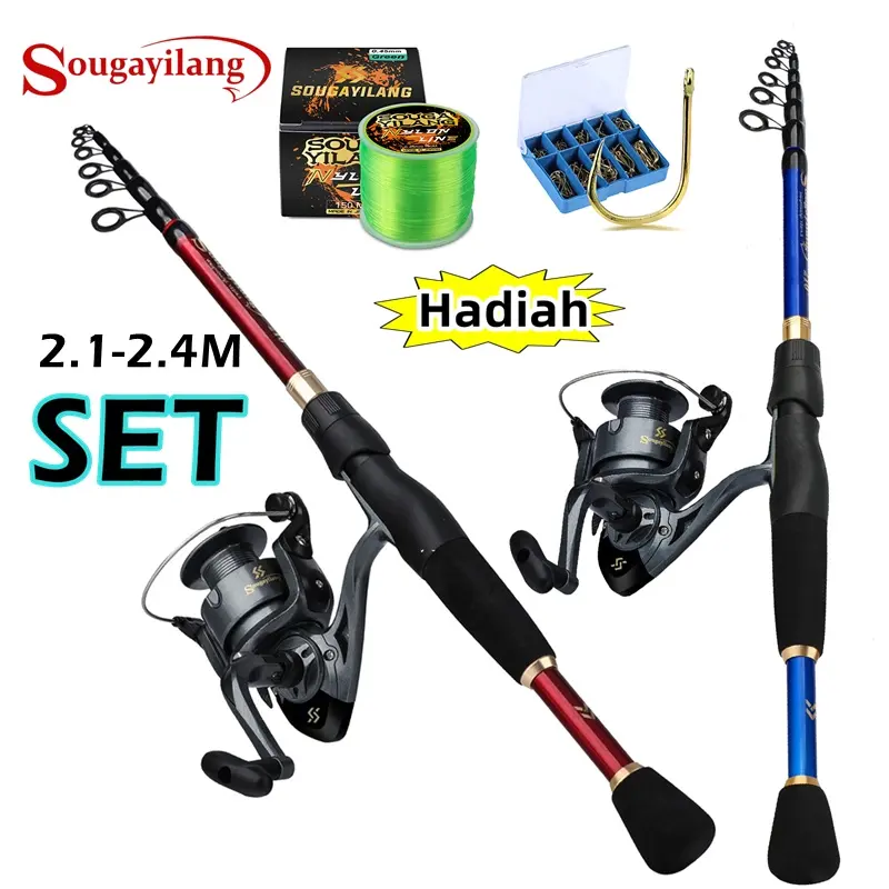Sougayilang Pancing Set Joran dan Reel Pancing Tiang Dan Rol Memancing Telescopic Is 1.8M 2.1M 2.4M dan Rasio Gir 5.2:1 untuk Air Laut Air Tawar Alat Ikan Pancing 0
