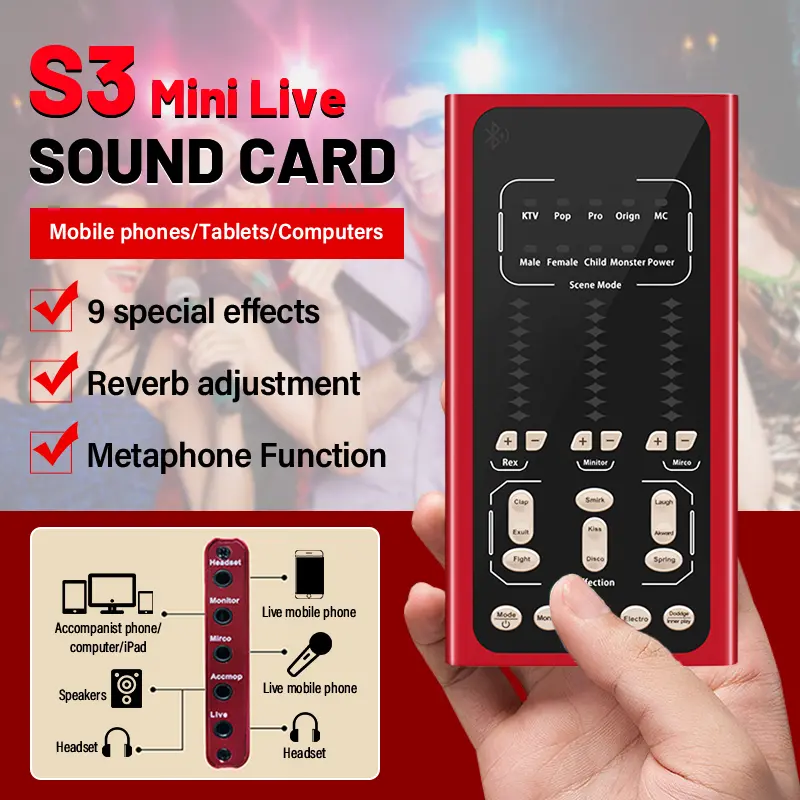 【COD】S3 MINI Sound Card For Cell Phone Pc Bluetooth Voice Changer Multiple Funn Singing Studio Recording