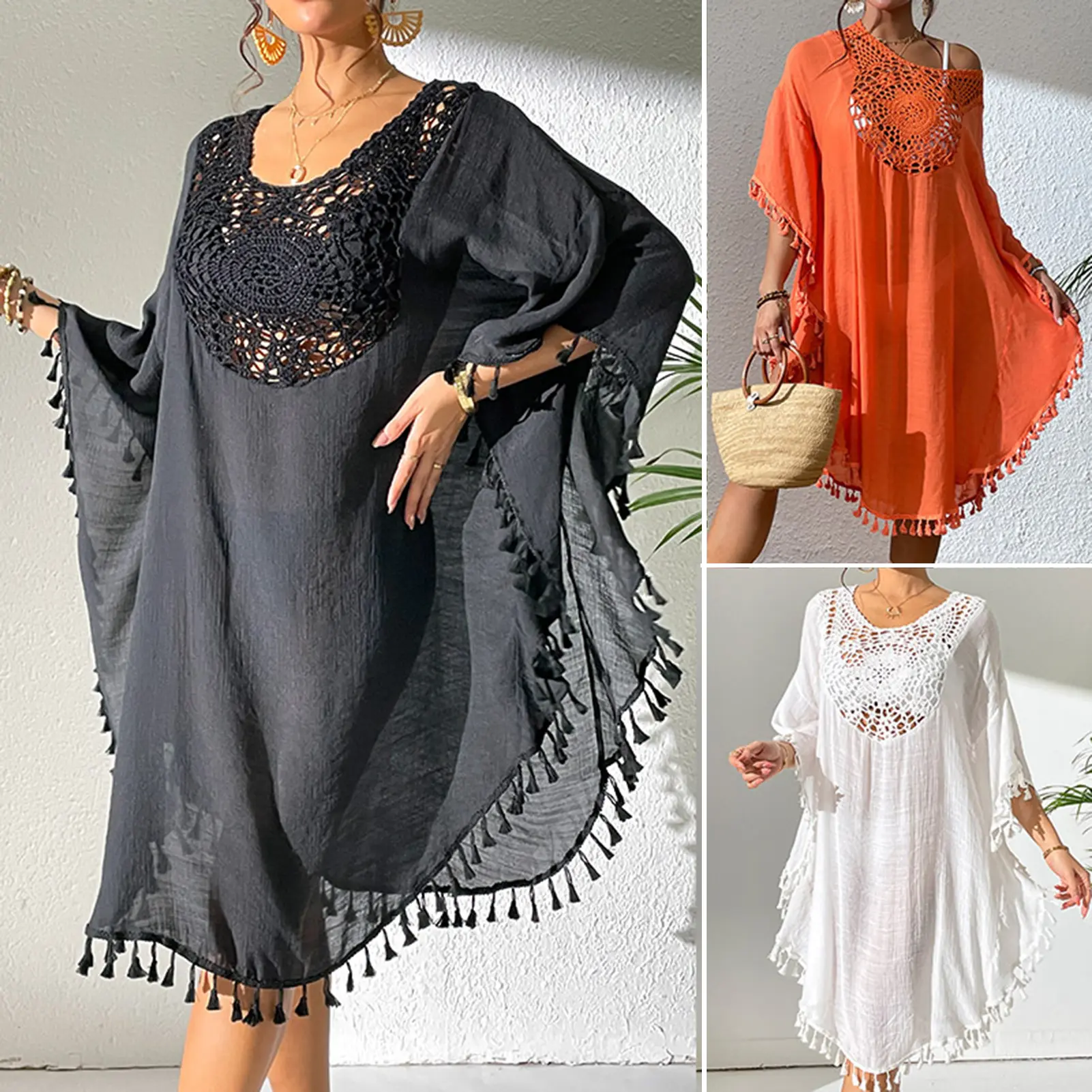 Women Beach Bikini Cover Up O-Neck Half Sleeve Fringed Hollow Design Loose Fit Swimsuit Dress Solid Color Loose Fit Cover Up Dress