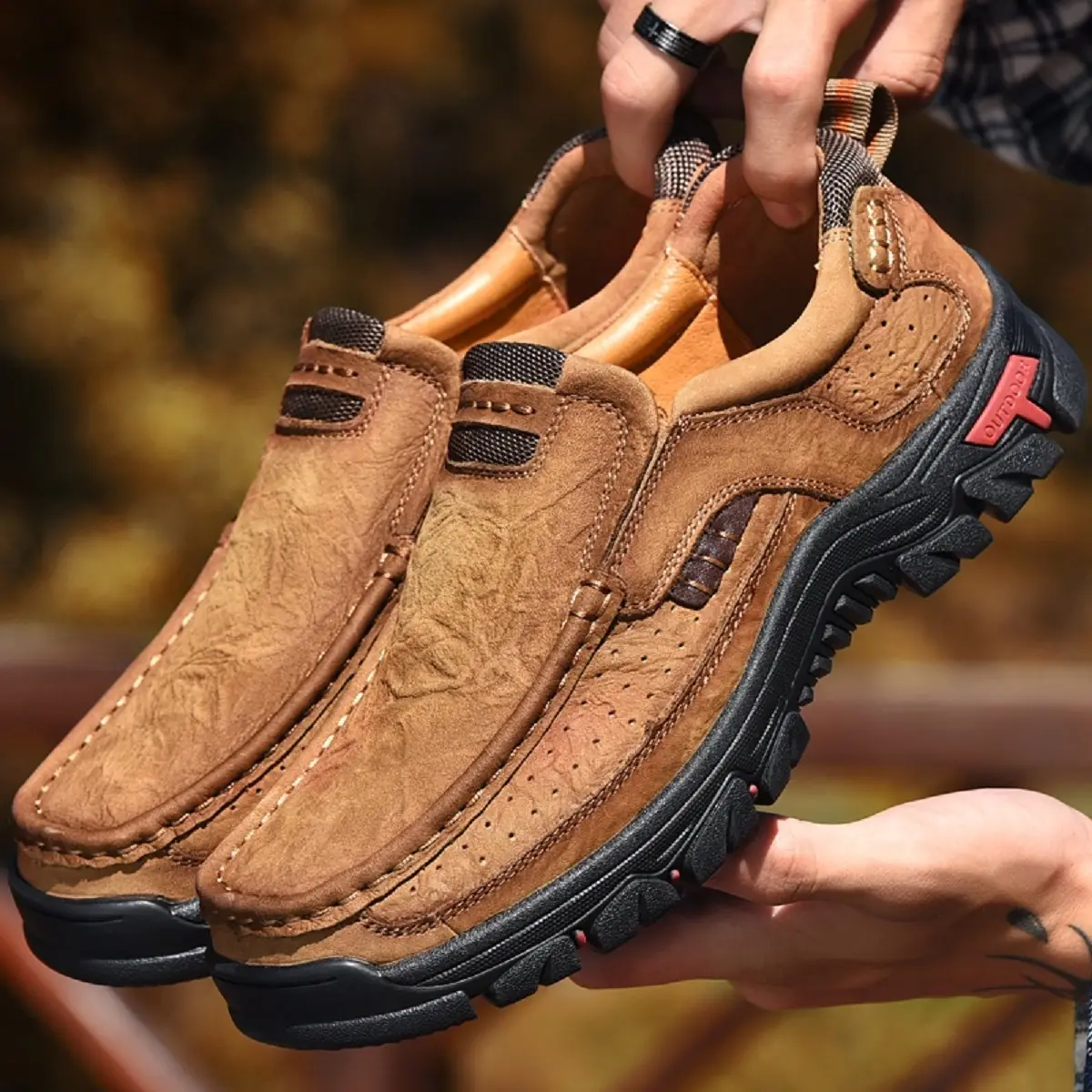 Prelesty 100% Kulit Asli Original Sepatu Olahraga Slip On Gunung Sepatu Hiking Touring Tanpa Tali Casual Trekking Cowok Dewasa 112