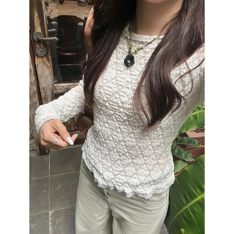 [CHUẨN ĐẸP QC L1/SẴN] Áo Len Thun Xốp Dài Tay Phối Ren Hoạ Tiết Trám 3 màu Kem Đen Trắng Hanhiwithlove SIÊU XINH A12 QC 5