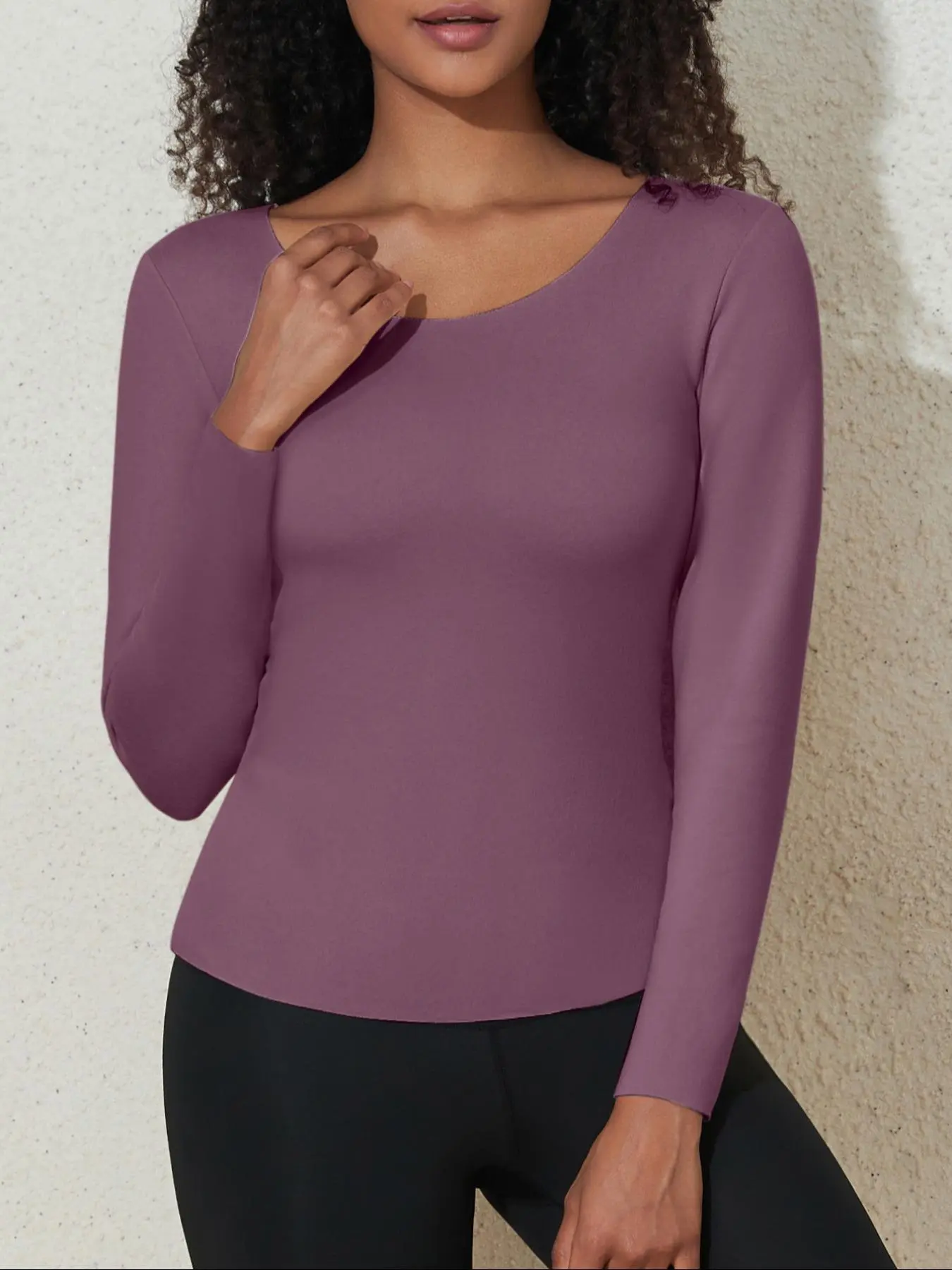 Women's Solid Thermal Lined Tee, Casual Comfy Round Neck Long Sleeve T-shirt for Fall & Winter, Women's Sportswear for Daily Wear