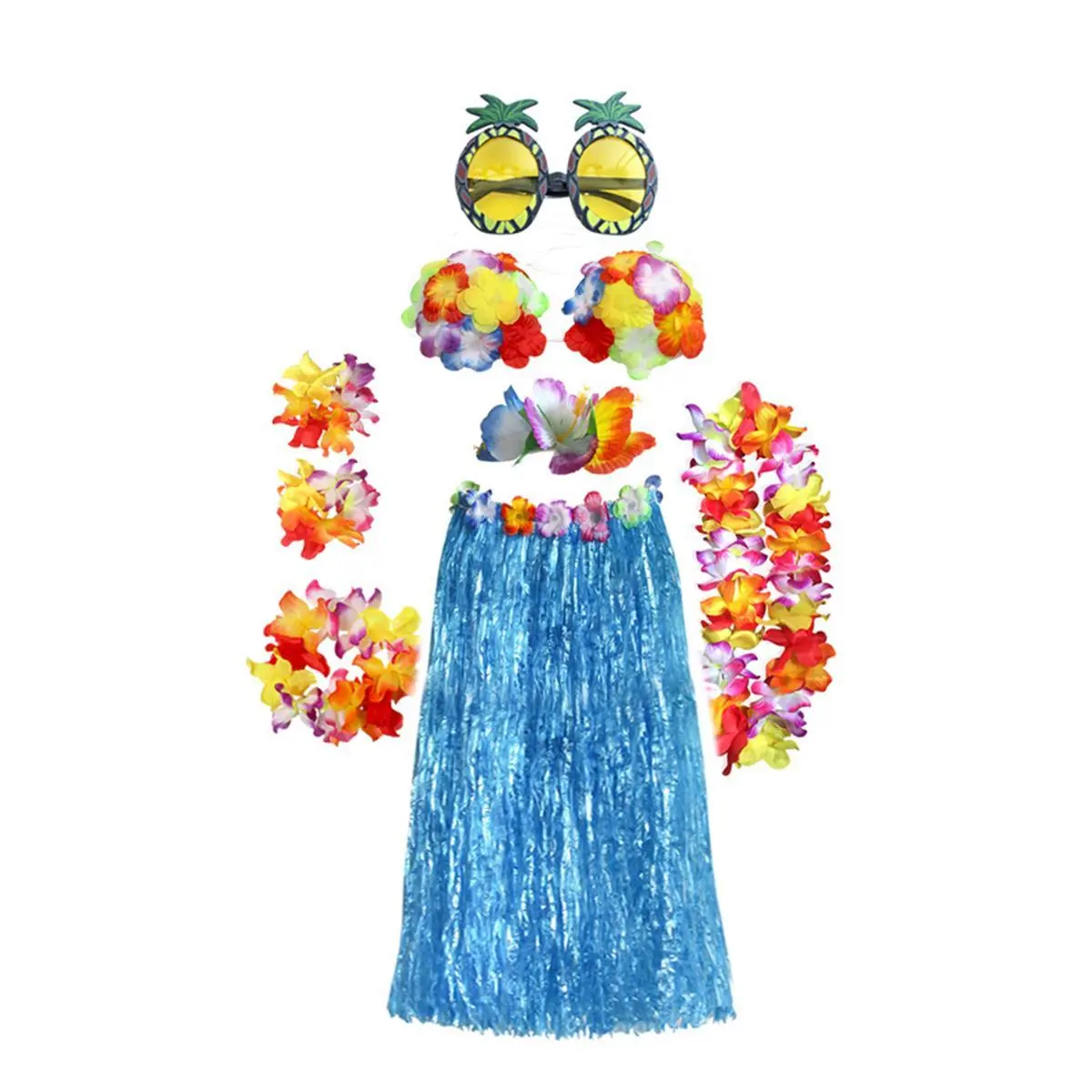 Set Kostum Skirt Hula Hawaii, dengan Atasan Bunga, Sesuai untuk Pesta Pantai Musim Panas dan Tropika, # KostumHawaiian, Pakaian Pantai Musim Panas, Pesta Tropika, Skirt Hula, Atasan Bunga, Gaya Hawaii