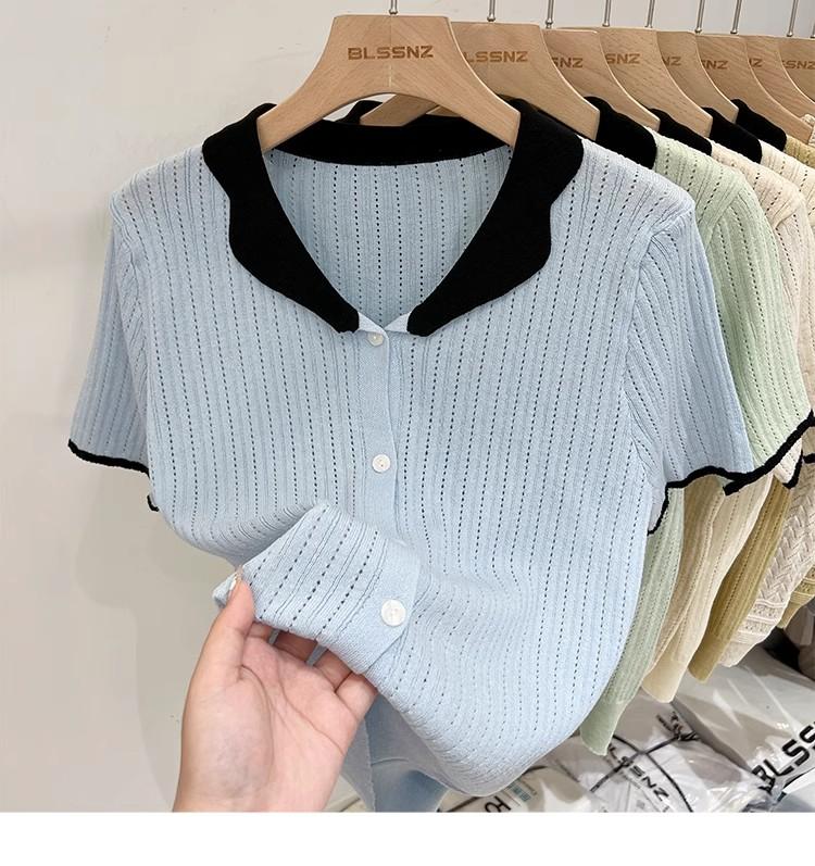 Product Introduction of Áo Cardigan Dệt Kim, ngắn Tay, Chất Liệu Lụa Ngầu Dành Cho Nữ, Mỏng Và Mùa Hè, Màu Sắc Tương Phản, Thiết Kế Độc Đáo Với Thiết Kế Áo Polo Rỗng Áo Cánh Nữ Hàng Đầu 26