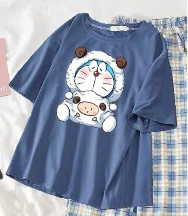 Bộ Áo Thun Nam Nữ Cổ Tròn In Hình Dora và Quần Kẻ Karo Ống Rộng Vải Thun Top 5