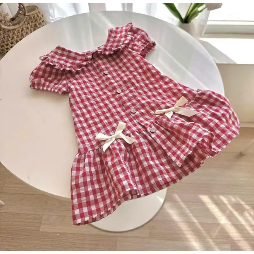 Váy kẻ đỏ cổ sen 2 nơ bé gái