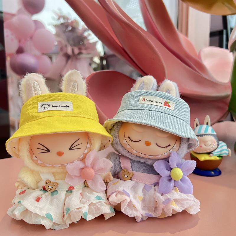 Labubu Trái Tim Macaroon Nhồi Bông 17cm, Thế Hệ Thứ Hai, Váy Gạc Mùa Hè, Mũ Thay Thế, TK, Chỉ Quần Áo