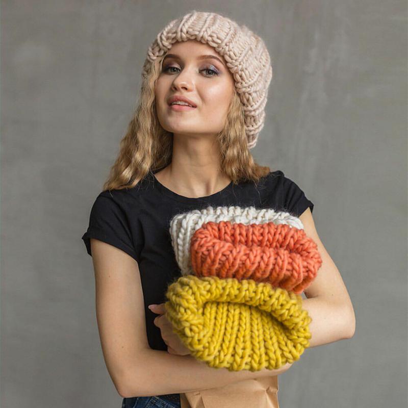 Product Introduction of Winter Knitted Beanies Hat Thick Soft Warm Coarse Large Knitted Solid Hat Female Ice Ski Bonnet Skullies Beanies Hat Cap 7