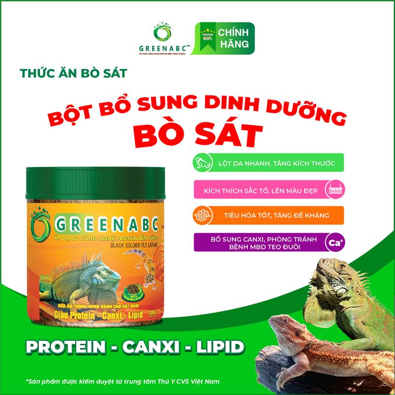 Thức ăn bò sát Rồng Nam Mỹ, Rồng Úc, Iguana GREENABC. Bổ sung dinh dưỡng giúp tăng trưởng nhanh, lên màu đẹp, phòng chống MBD, teo đuôi. Hộp 200g
