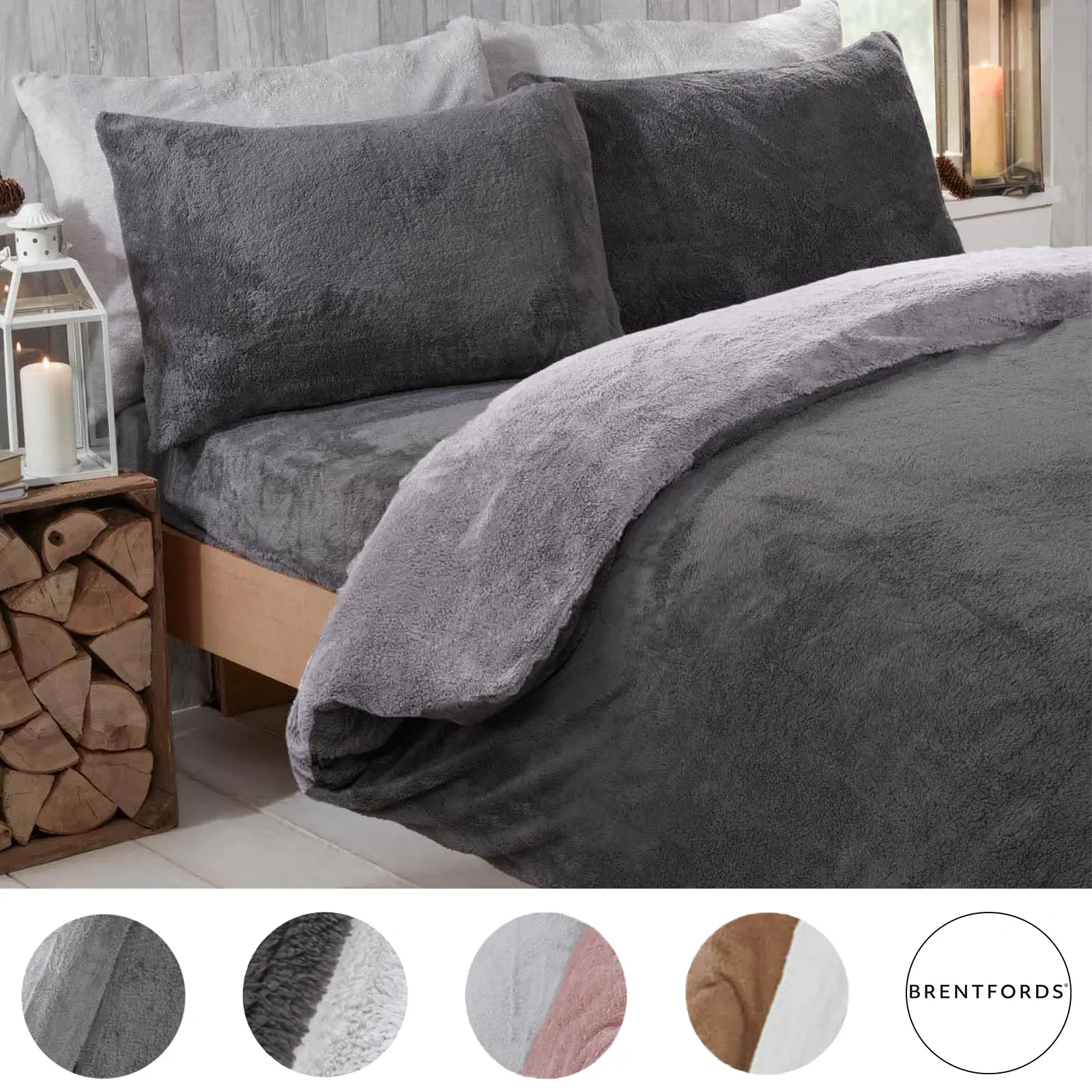 Brentfords Reversible Teddy Fleece Duvet Cover with Pillowcase Bedding Set
