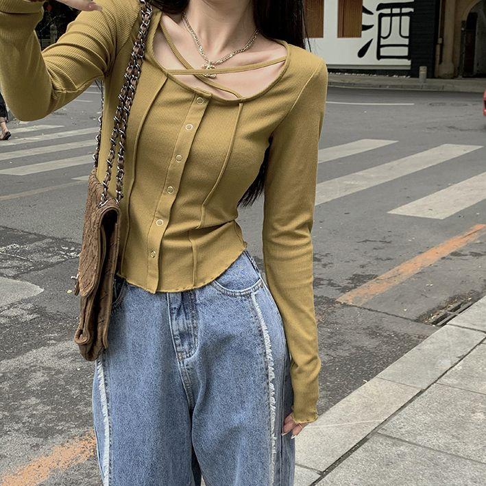 Product Introduction of Tulang ikan rempah untuk kanak-kanak perempuan, atasan pendek nipis untuk klavikula licik, rasa reka bentuk silang, kemeja-t rajutan lengan panjang untuk wanita, kemeja-t manis dan pedas Knitwear Tops 15