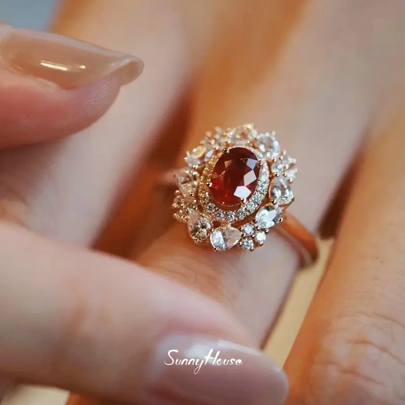 Retro High-Grade Exquisite Colored Gems Ruby Hollow Jeweled Ring Women's Super Beautiful French Simplicity Switchable Index Finger Ring