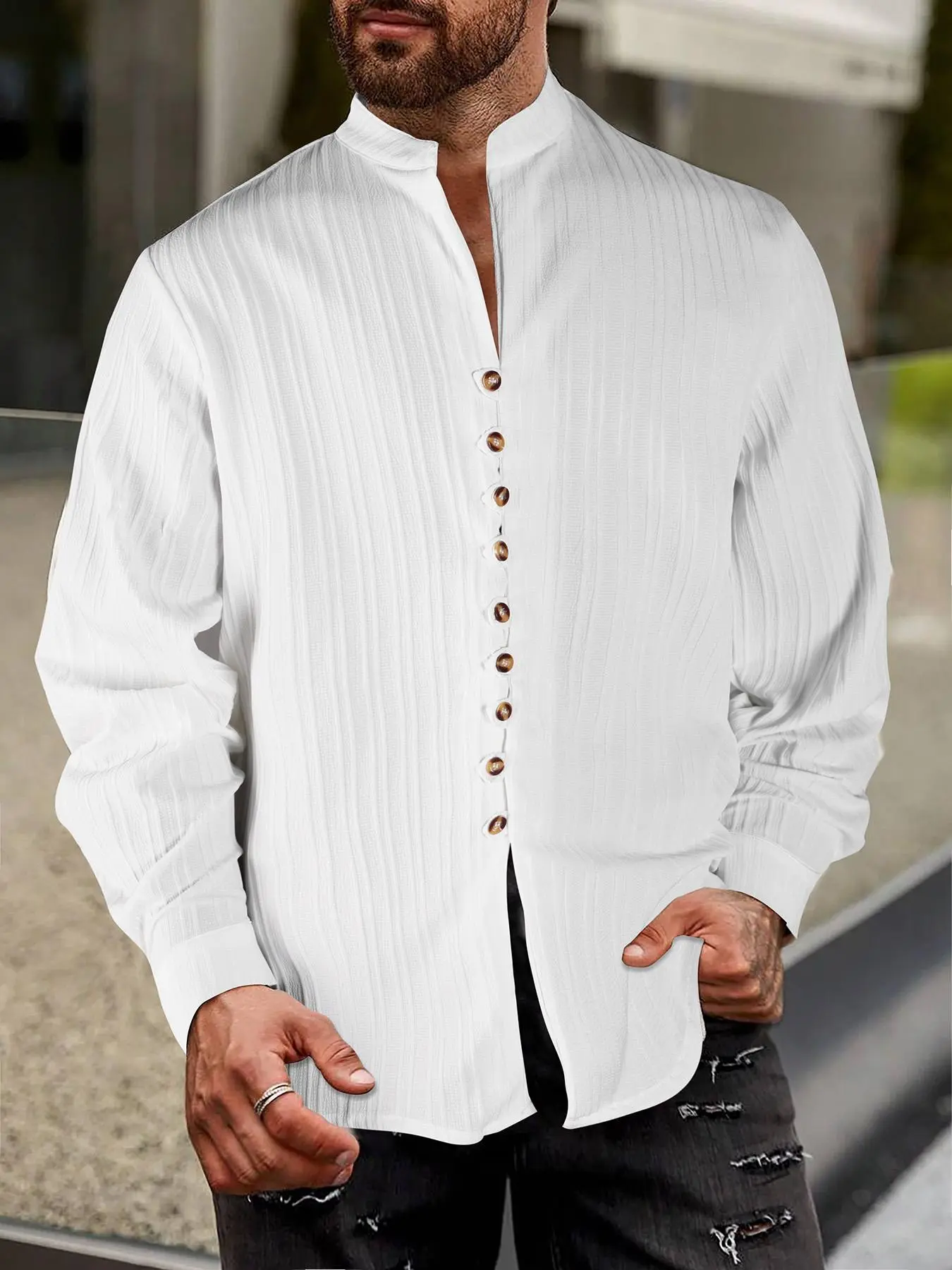 Men's Regular Fit Solid Color Button Front Shirt, Casual Long Sleeve Stand Collar Top for All Seasons, Fashion Men's Clothes for Daily Wear