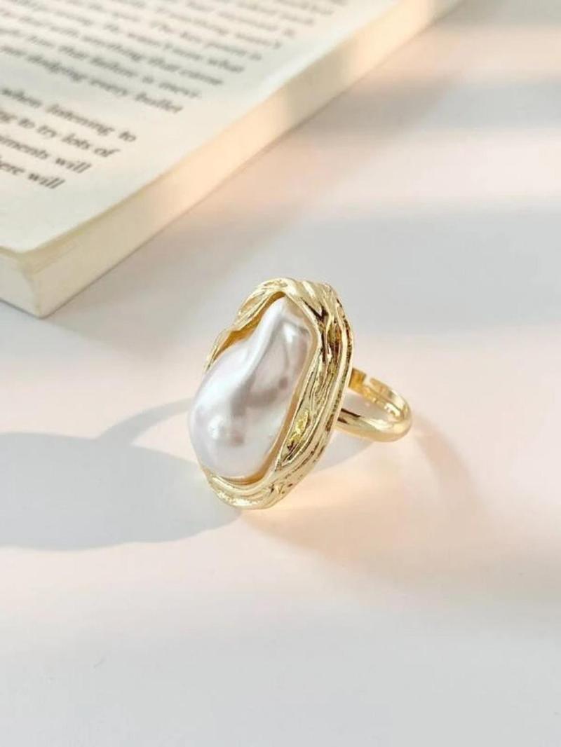 Product Introduction of Faux Pearl Decorated Geometric Design Ring, Casual Adjustable Opening Ring For Party, Daily Clothing Decor For Girl Women For Gift 5