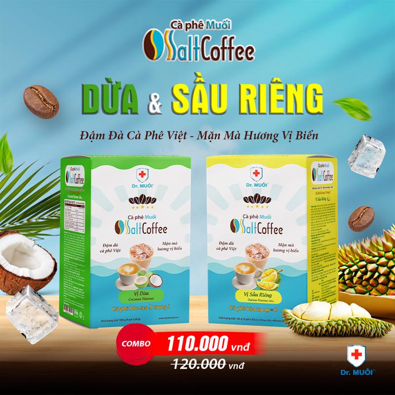  Combo Cà Phê Muối Hương Vị Nhiệt Đới Tropical Flavor - Vị Dừa Vị Sầu Riêng  9 gói hộp  - SaltCoffee 