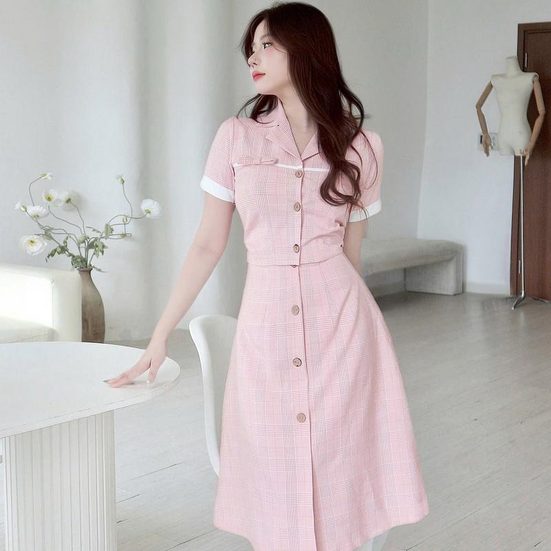 Set chân váy áo hồng kẻ sọc caro đẹp sang trọng thiết kế cao cấp thanh lịch áo cổ vest tay ngắn chân váy chữ a Lux W Fashion