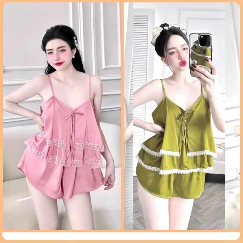  40-62 Ký; Bộ Ngủ 2 Dây Quần Đùi Viền Ren Áo Buộc Nơ Lụa Tơ Tằm Cao Cấp Áo 2 Lớp 2 Tầng Nữ 