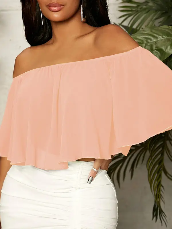Women's Plain Off Shoulder Ruffle Trim Chiffon Crop Blouse, Elegant Butterfly Sleeve Top for Summer, Ladies Clothes for Daily Vacation Outdoor Wear 3