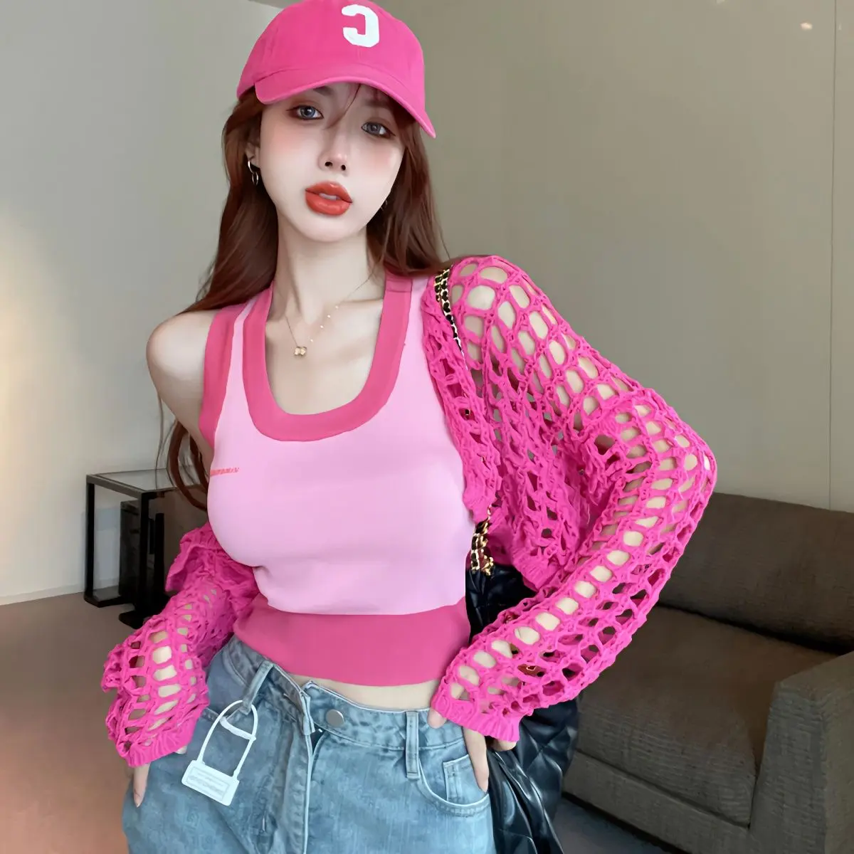 Pink Sweet Hot Girl Style Early Autumn Two-Piece Suit Summer New Knitted Cardigan Camisole Women's Clothing