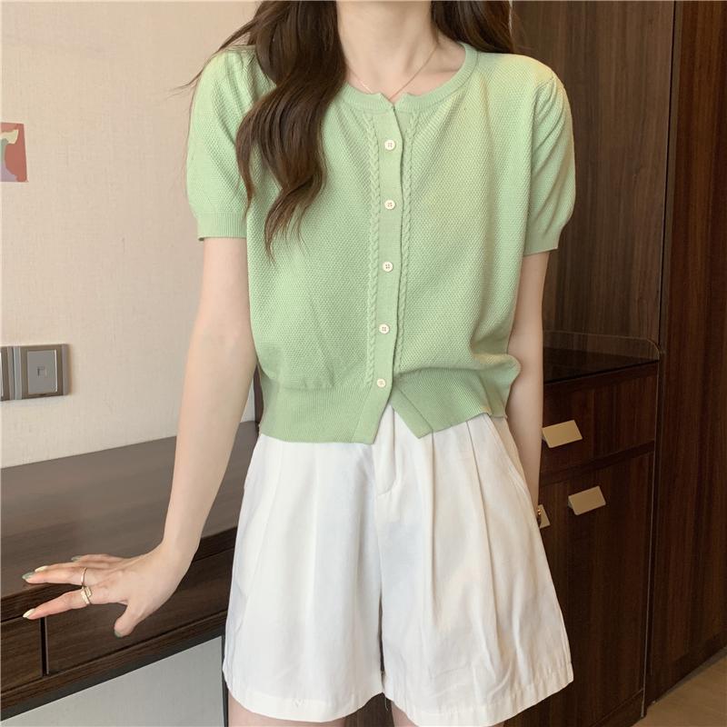 Product Introduction of Áo Thun ngắn Tay Phong Cách Mới Mùa Hè, Cổ Chữ O, Dễ Phối Đồ Dành Cho Nữ, Ngắn Ngắn Tay, Một Hàng Cúc, Áo Cardigan Dệt Kim, Đơn Giản 21