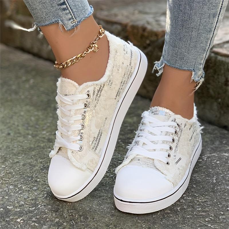 TikTok Shop Women s Sequin Canvas Sneaker Frayed Lace up Low Top Skateboard Shoes Music Festival Casual Flat Sneaker