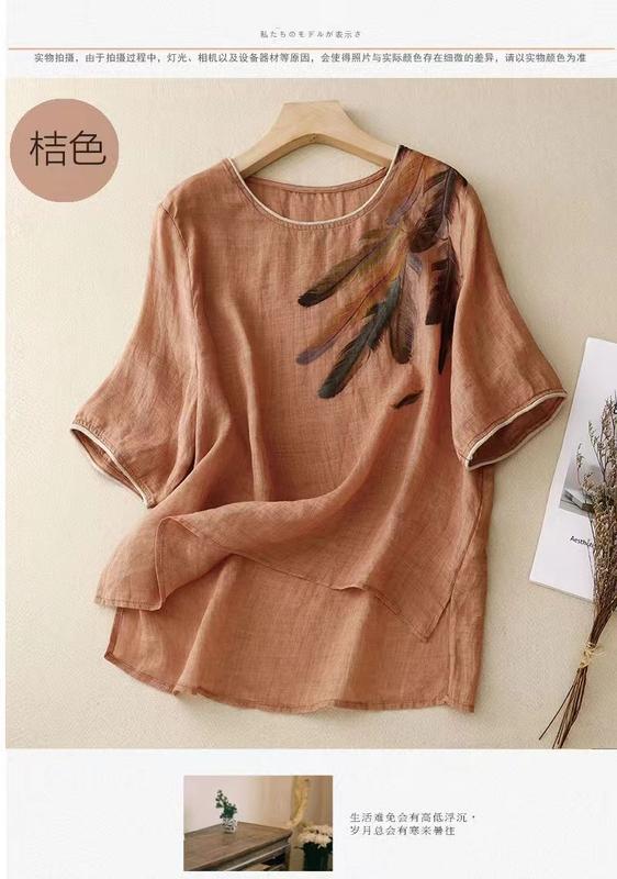 Product Introduction of Cotton and linen top retro art floral print summer New loose round neck breathable versatile thin short sleeve t-shirt 11