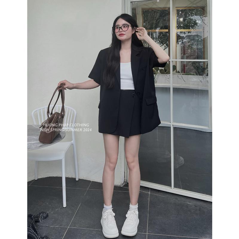 Set Vest Hè Áo Blazer Cộc Tay Kèm Quần Giả Chân Váy Màu Đen By HuongPhapClothing