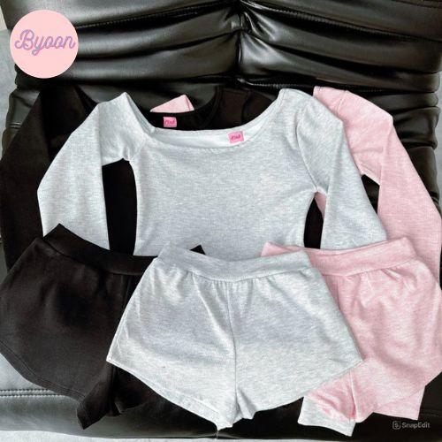 Product Introduction of [BYOON SAIGON] Bộ Áo Lệch Vai Tay Dài Phối Quần Đùi Ôm Cá Tính S070 Thun set  botieuthu set  nỉ 23