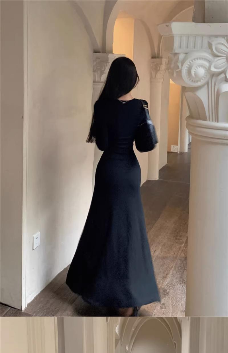 Product Introduction of Spicy girl wine red long sleeved dress with feminine temperament, hip hugging skirt, simple base skirt, slim fit and slimming effect, mid length skirt 16