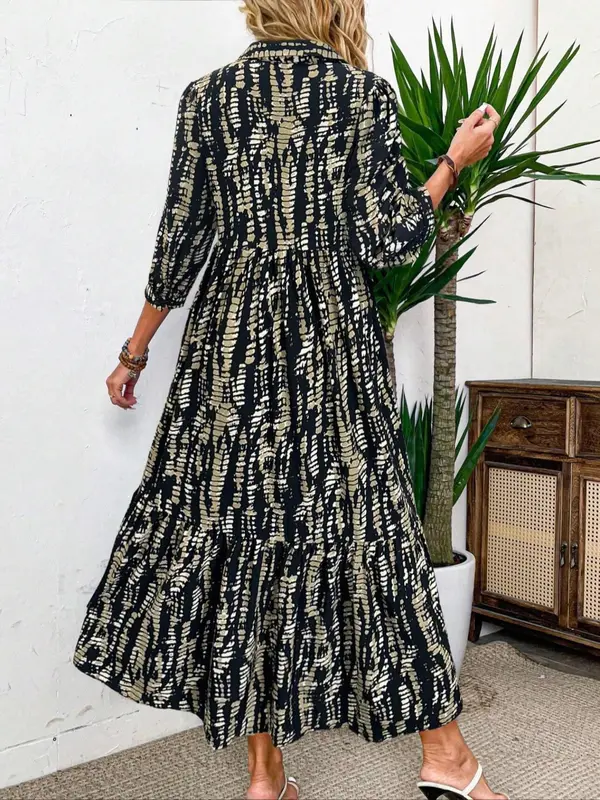 Women's All Over Print Collared 3/4 Sleeve Dress, Elegant Casual Fashion Long Dress for Daily Outdoor Wear, Women Dress for Spring & Fall, Holiday Dresses, Womenswear 1