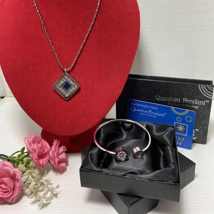 Satu Set Titanium - kalung+gelang - permata biru + box + sertifikat card - satu set permata biru