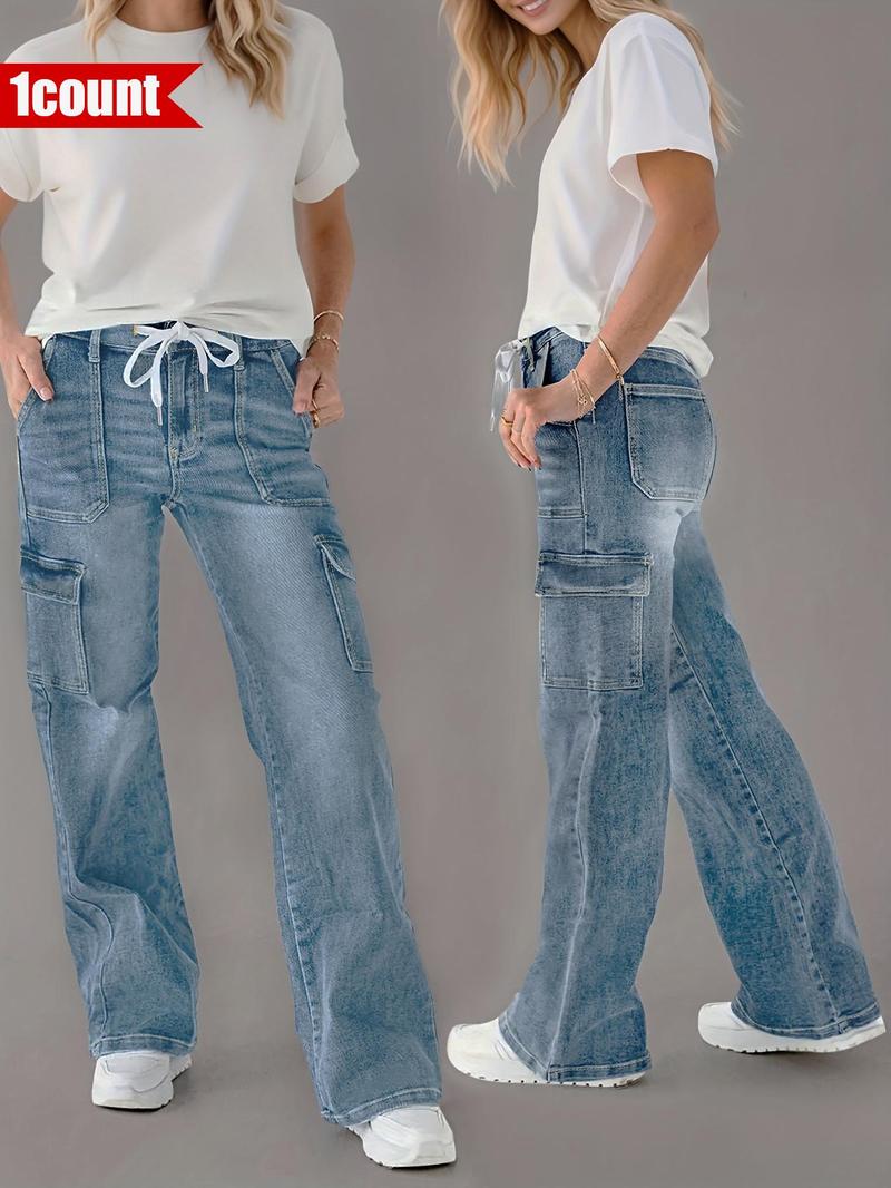 Product Introduction of 【Plus Size】 Solid Tie Front Pocket Cargo Jeans, 1 Count Casual Street Fashion Denim Pants for Daily Wear, Women's Bottoms for All Seasons 9