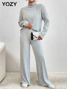 YOZY Drop Sleeve Top & Wide Leg Pants Set/ Solid Ribbed Cozy High Neck Long Sleeve, Outdoor Trousers ,2024 Women's Daily Wear for Spring & Fall