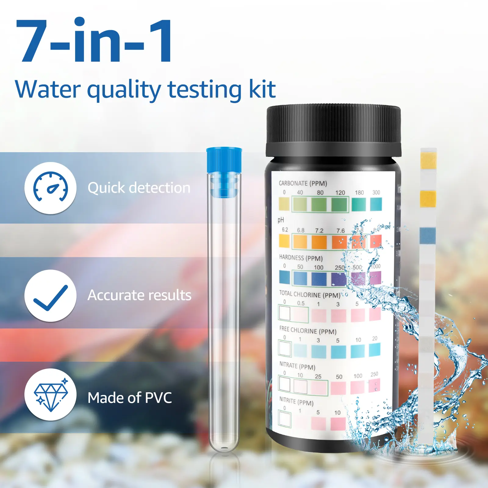 100Pcs Aquarium Test Strips 7 in 1 Fish Tank Test Kit with Test Tube Fast Accurate Aquarium Water Testing Strips for Carbonate Root pH Hardness Total Chlorine Free Chlorine Nitrate Nitrite u7386