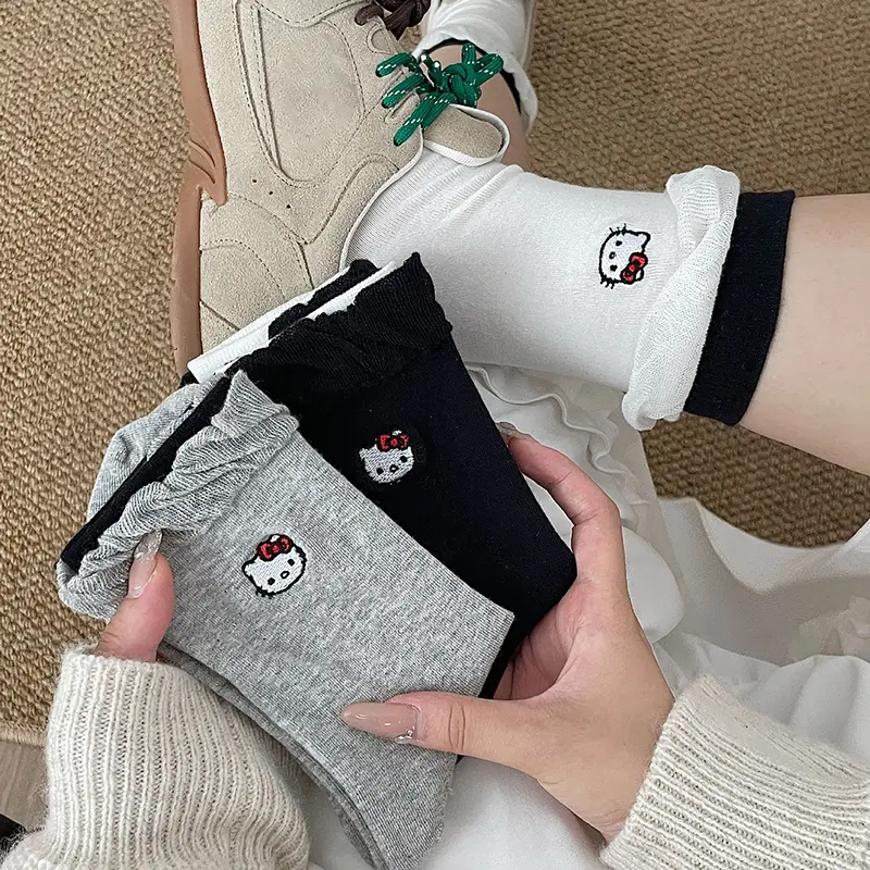 Tất Dài Trung Bình Sanrio Hello Kitty Hoạt Hình, 1 Đôi, Thắt Nơ Mèo KT Dễ Thương, Thích Hợp Cho Mùa Xuân Và Mùa Thu, Thời Trang Và Ngọt Ngào, Tuyệt Vời Làm Quà Tặng