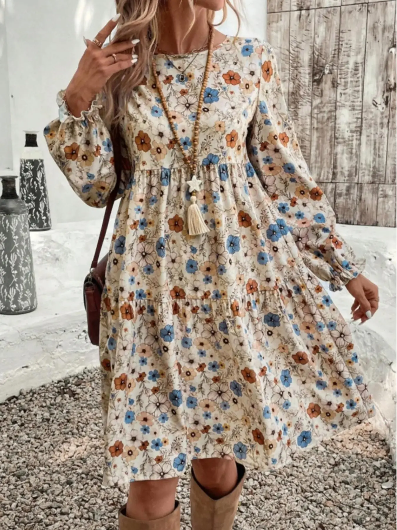 Women's Floral Print Dress, Boho Fashion Casual Flounce Sleeve Dress for Daily Holiday Vacation Wear, Vintage Ladies Dress for All Seasons