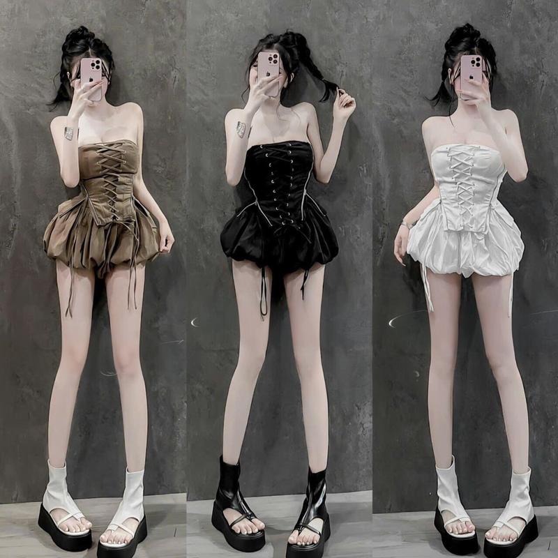 Set Đồ Nữ Áo Cúp Kaki Đan Dây Phối Dây Kéo Có Mút Đệm Tôn Dáng Mix Quần Bí Phồng 2 Lớp Women Cao Cấp Chuẩn Hình Top Voi Kem Nhung