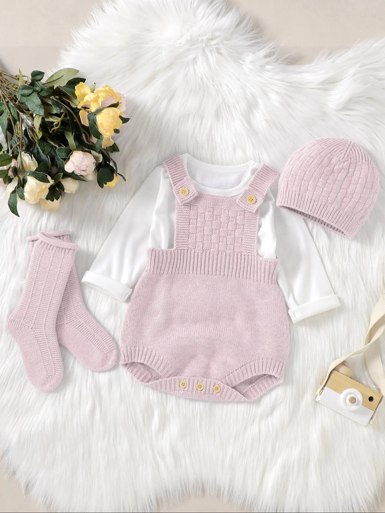Cute Solid Color Button Decor Sleeveless Bodysuit & Hat & Socks, Newborn Infant Kids Summer Clothes
