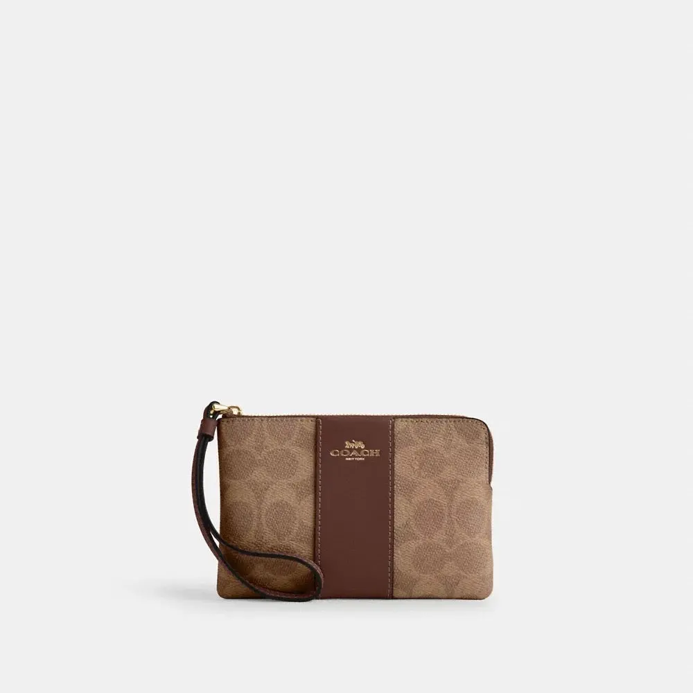 [READY STOCK MY] COACH Corner Zip Wristlet In Signature Canvas With Stripe in Tan/Brown (CW854)