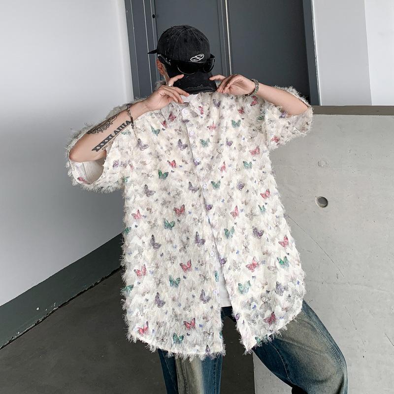 Product Introduction of Summer Design Butterfly Three-Dimensional Tassel Shirt Short Sleeve Men's Niche Vintage Shirt Coat Fashion Brand Couple's Tops 13