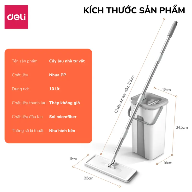 Cây lau nhà tự vắt có thùng 2 ngăn Deli, bộ chổi lau nhà 360 độ kèm bông lau microfiber siêu sạch, lau sàn nhà, sàn gỗ, kính và nhiều bề mặt khác Làm Sạch 8