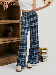 YOZY Women's Plaid Print Drawstring Waist Wide Leg Ribbed Pants, Casual Elastic Waist Pocket Trousers for Daily Wear, Ladies Bottoms for All Seasons