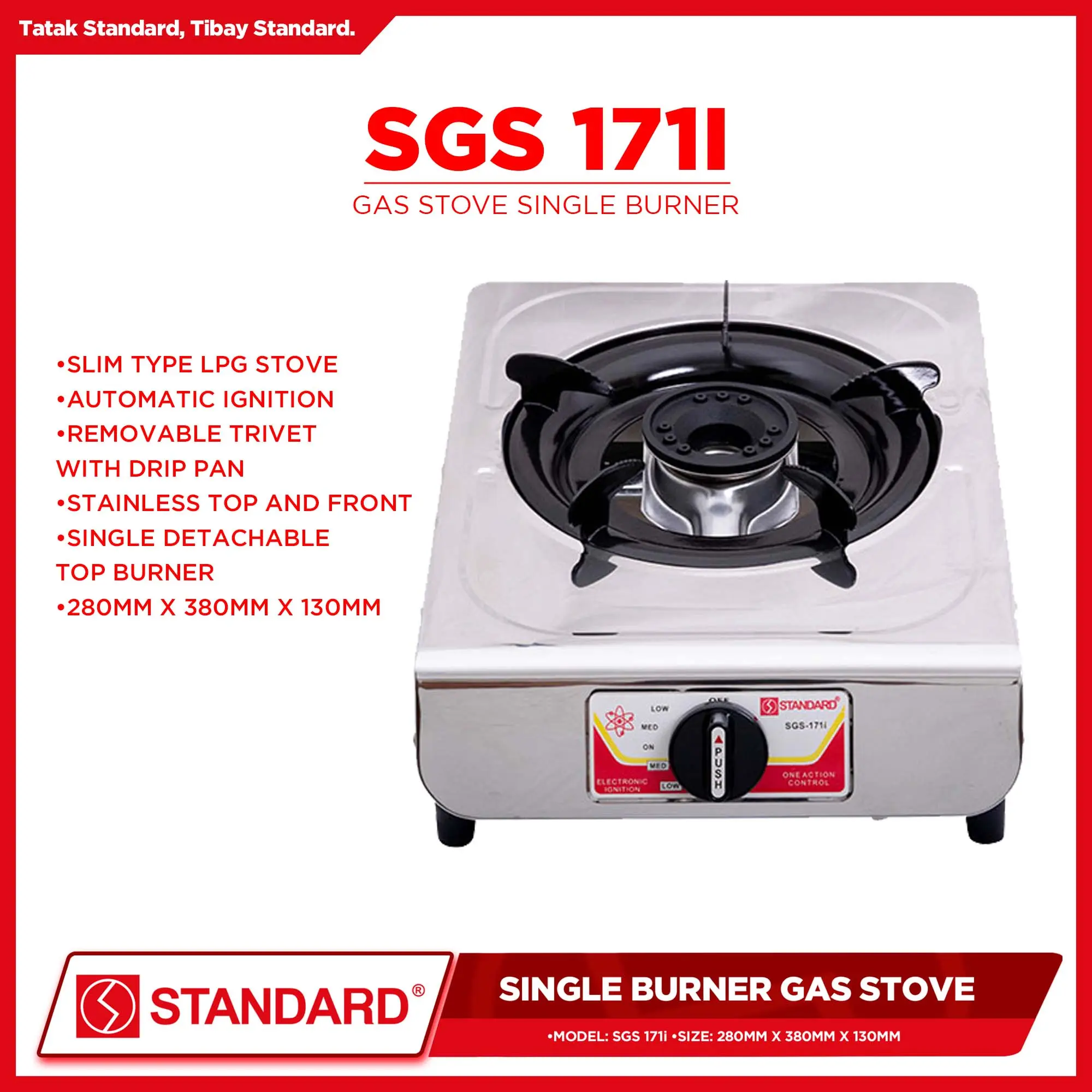 Standard Gas Stove Single Burner LPG stove Stainless Steel (Slim type) SGS:171i