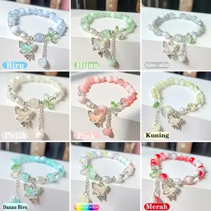 Fashion Gelang Manik-manik Kaca Rumbai Kupu-kupu Aksesoris Bracelet Manik-manik Elastis Kaca Kristal